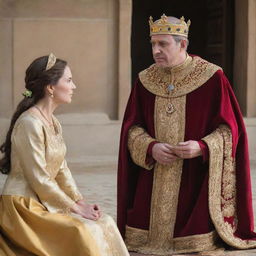 A compassionate king, dressed in royal attire, is attentively listening to a poor woman. The king's demeanor reflects understanding and consideration, denoting his concern for his subjects.