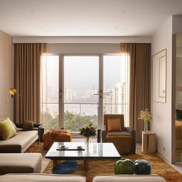 Modern 3BHK apartment interior design with spacious living room, natural light, stylish furnishings, and elegant décor