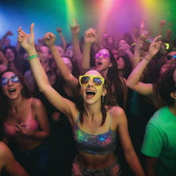 A lively rave party filled with people. They are dancing energetically amidst colorful lasers, wearing neon outfits, with glow sticks illuminating their ecstatic faces and movements.