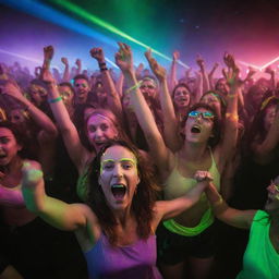 A lively rave party filled with people. They are dancing energetically amidst colorful lasers, wearing neon outfits, with glow sticks illuminating their ecstatic faces and movements.