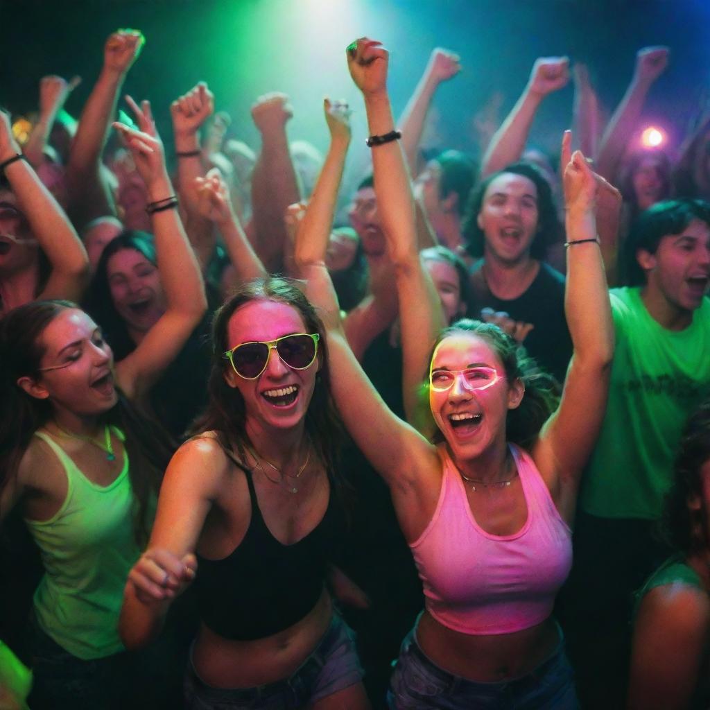 A lively rave party filled with people. They are dancing energetically amidst colorful lasers, wearing neon outfits, with glow sticks illuminating their ecstatic faces and movements.