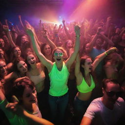 A lively rave party filled with people. They are dancing energetically amidst colorful lasers, wearing neon outfits, with glow sticks illuminating their ecstatic faces and movements.