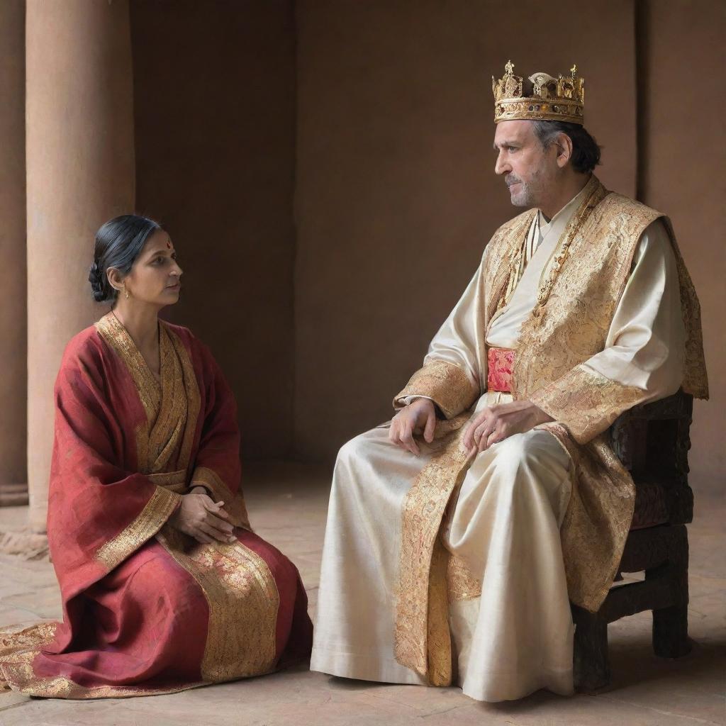 A compassionate king in majestic robe, attentively listening to a poor woman. His posture and expression convey his genuine interest and empathy.