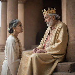 A compassionate king in majestic robe, attentively listening to a poor woman. His posture and expression convey his genuine interest and empathy.