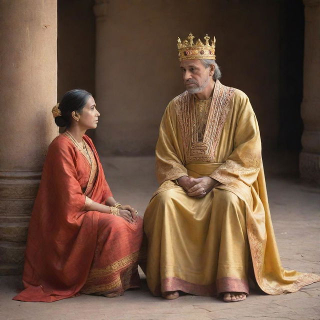 A compassionate king in majestic robe, attentively listening to a poor woman. His posture and expression convey his genuine interest and empathy.