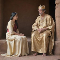 A compassionate king in majestic robe, attentively listening to a poor woman. His posture and expression convey his genuine interest and empathy.