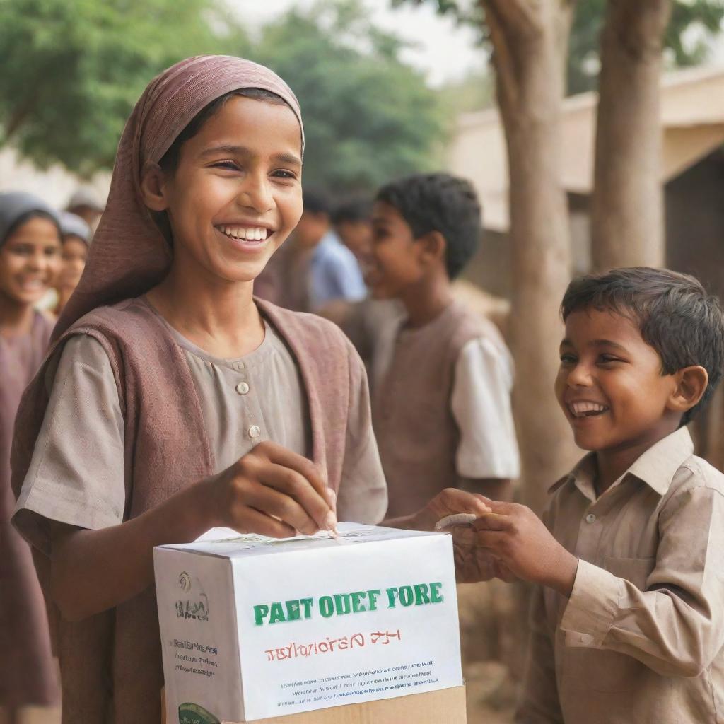 Create a poster depicting the joyous scene of a person happily dispensing zakat (charitable donations) to the less fortunate in a bright morning atmosphere. Also, illustrate a child, smiling and ready for school after receiving this aid.