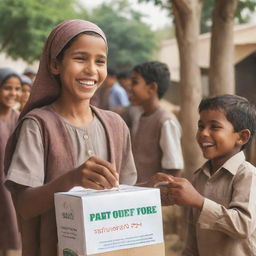 Create a poster depicting the joyous scene of a person happily dispensing zakat (charitable donations) to the less fortunate in a bright morning atmosphere. Also, illustrate a child, smiling and ready for school after receiving this aid.