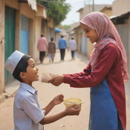 Create a poster depicting the joyous scene of a person happily dispensing zakat (charitable donations) to the less fortunate in a bright morning atmosphere. Also, illustrate a child, smiling and ready for school after receiving this aid.