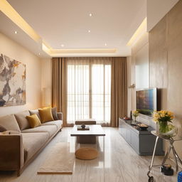 Modern 3BHK apartment interior design with spacious living room, natural light, stylish furnishings, and elegant décor