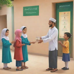 Create a poster depicting the joyous scene of a person happily dispensing zakat (charitable donations) to the less fortunate in a bright morning atmosphere. Also, illustrate a child, smiling and ready for school after receiving this aid.