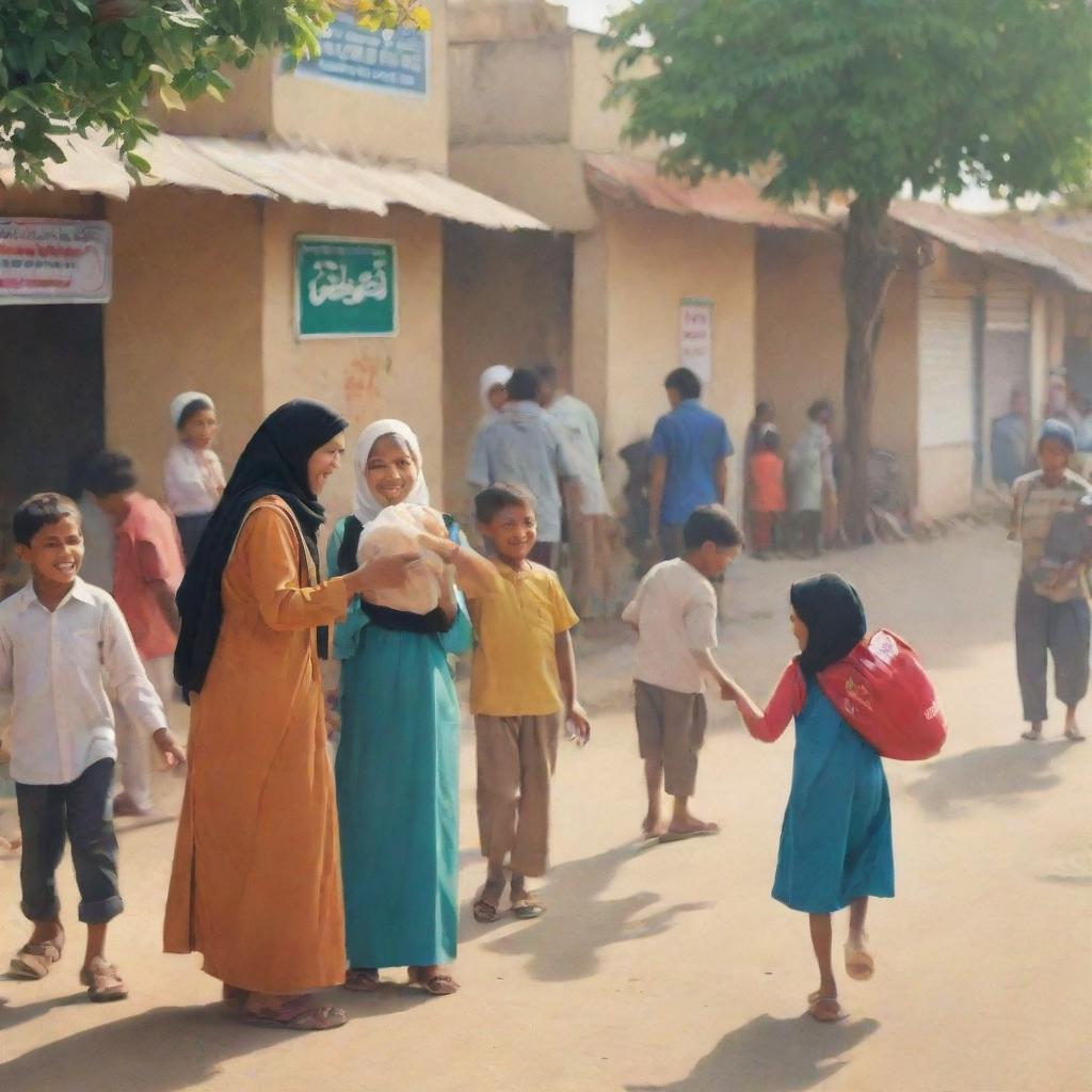 Create a poster depicting the joyous scene of a person happily dispensing zakat (charitable donations) to the less fortunate in a bright morning atmosphere. Also, illustrate a child, smiling and ready for school after receiving this aid.