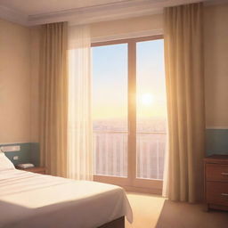 Gorgeous morning scene inside a hotel room with sunlight peeping through the closed curtains, drawn in the style of a Visual Novel illustration