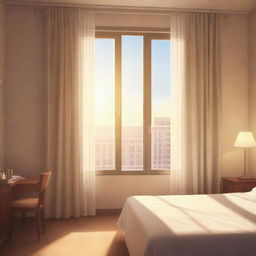 Gorgeous morning scene inside a hotel room with sunlight peeping through the closed curtains, drawn in the style of a Visual Novel illustration