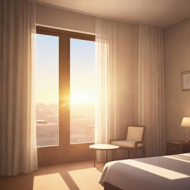 Gorgeous morning scene inside a hotel room with sunlight peeping through the closed curtains, drawn in the style of a Visual Novel illustration