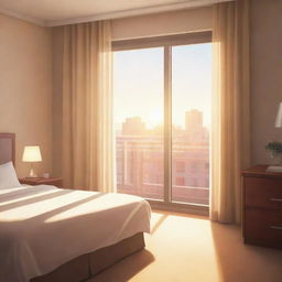 Gorgeous morning scene inside a hotel room with sunlight peeping through the closed curtains, drawn in the style of a Visual Novel illustration