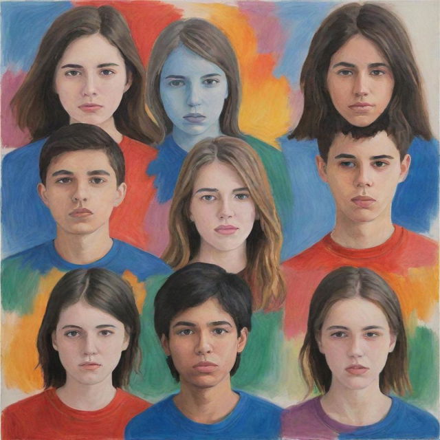 An abstract representation of teenagers showing a variety of emotions, with an emphasis on depicting both struggle and resilience in the sphere of mental health.