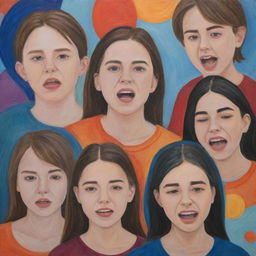 An abstract representation of teenagers showing a variety of emotions, with an emphasis on depicting both struggle and resilience in the sphere of mental health.