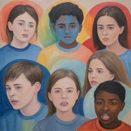 An abstract representation of teenagers showing a variety of emotions, with an emphasis on depicting both struggle and resilience in the sphere of mental health.