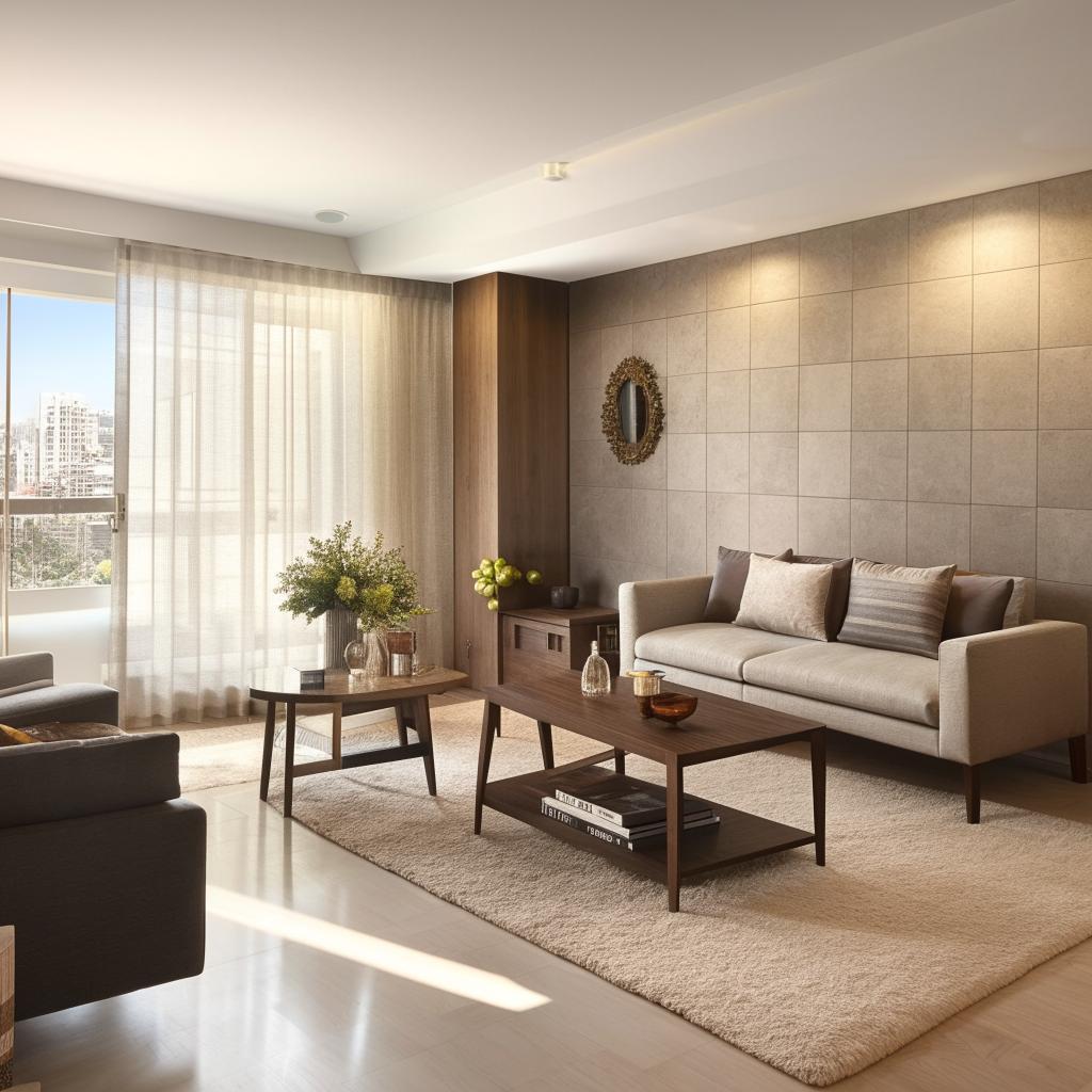 Modern 3BHK apartment interior design with spacious living room, natural light, stylish furnishings, and elegant décor