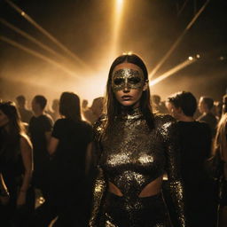 An upscale rave party filled with people dressed in black and gold. Golden laser lights cut through the dark surroundings, reflecting off glittering outfits, creating an atmosphere of intense energy.