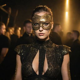 An upscale rave party filled with people dressed in black and gold. Golden laser lights cut through the dark surroundings, reflecting off glittering outfits, creating an atmosphere of intense energy.