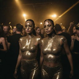 An upscale rave party filled with people dressed in black and gold. Golden laser lights cut through the dark surroundings, reflecting off glittering outfits, creating an atmosphere of intense energy.