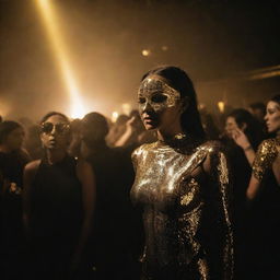 An upscale rave party filled with people dressed in black and gold. Golden laser lights cut through the dark surroundings, reflecting off glittering outfits, creating an atmosphere of intense energy.