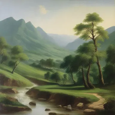 The painting depicted a serene landscape with a distributary flowing gracefully into a lush green valley.