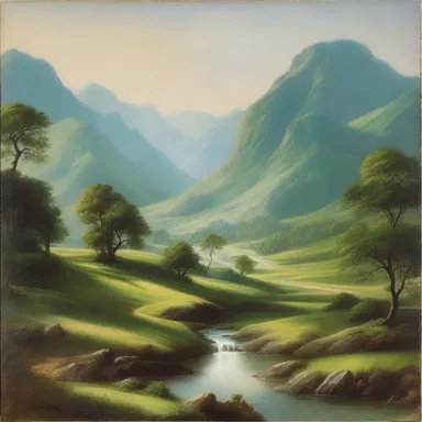 The painting depicted a serene landscape with a distributary flowing gracefully into a lush green valley.