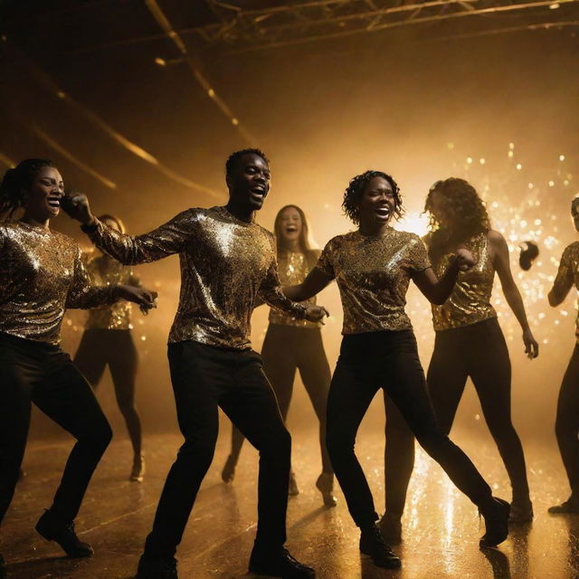 A high-energy black and gold rave party, people is dancing immersed in waves of golden lights. Their black outfits contrast against the gold, creating a mesmerizing and luxurious display of movement.