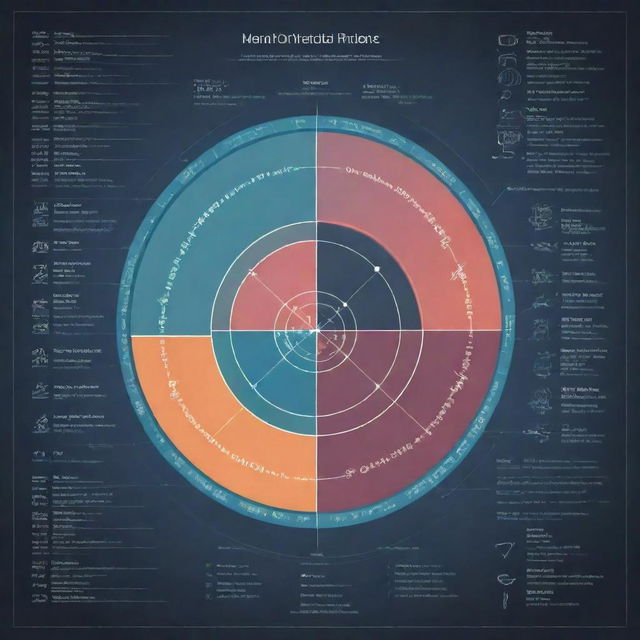 A detailed infographic illustrating various mathematical concepts using given data. The image should incorporate graphs, formulas, and symbols in a sophisticated and aesthetically pleasing manner.