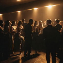 Cool, stylish people in black and gold attire, raving at a luxury party. The scene is backlit by golden lights, creating a stark contrast and adding to the atmosphere of lavish exclusivity.