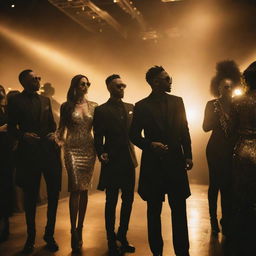 Cool, stylish people in black and gold attire, raving at a luxury party. The scene is backlit by golden lights, creating a stark contrast and adding to the atmosphere of lavish exclusivity.