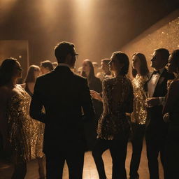 Cool, stylish people in black and gold attire, raving at a luxury party. The scene is backlit by golden lights, creating a stark contrast and adding to the atmosphere of lavish exclusivity.