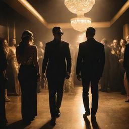 Cool, stylish people in black and gold attire, raving at a luxury party. The scene is backlit by golden lights, creating a stark contrast and adding to the atmosphere of lavish exclusivity.