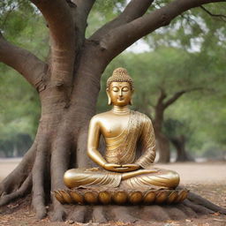 A peaceful and serene representation of Lord Buddha in meditation under a Bodhi tree.