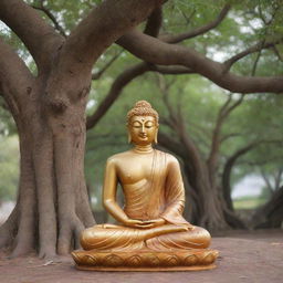 A peaceful and serene representation of Lord Buddha in meditation under a Bodhi tree.