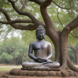 A peaceful and serene representation of Lord Buddha in meditation under a Bodhi tree.