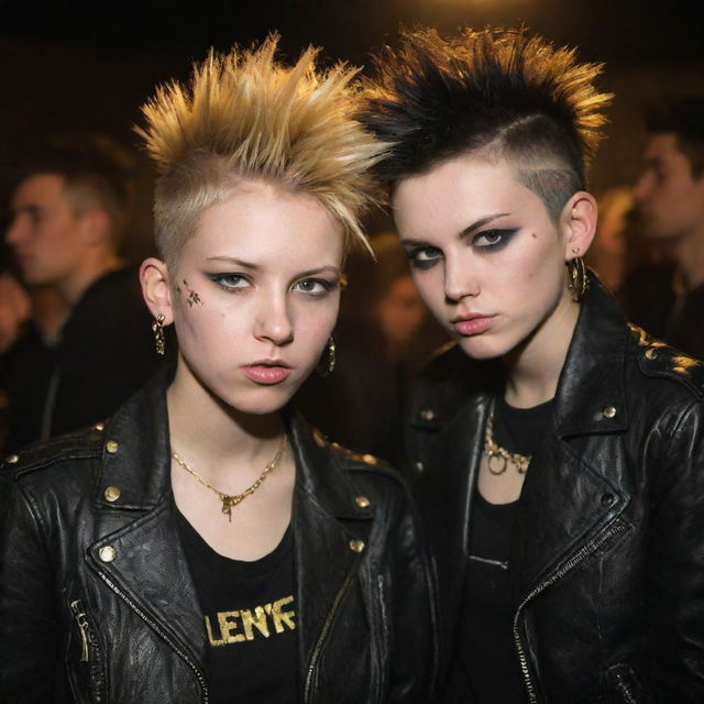 Punk teenagers at a rave, dressed in edgy black and gold outfits. Piercings, tattoos, spiked hair and leather jackets meld with the golden light, creating an atmosphere of rebellious energy.