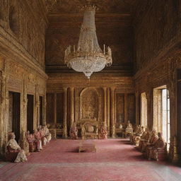 A grand court bustling with activity, with the king sitting majestically on his throne. The richly decorated room reflects the opulence and authority of his reign.