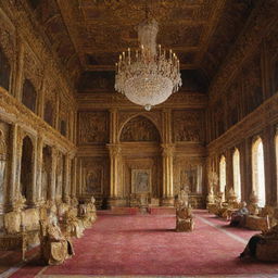 A grand court bustling with activity, with the king sitting majestically on his throne. The richly decorated room reflects the opulence and authority of his reign.