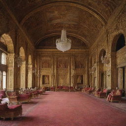 A grand court bustling with activity, with the king sitting majestically on his throne. The richly decorated room reflects the opulence and authority of his reign.