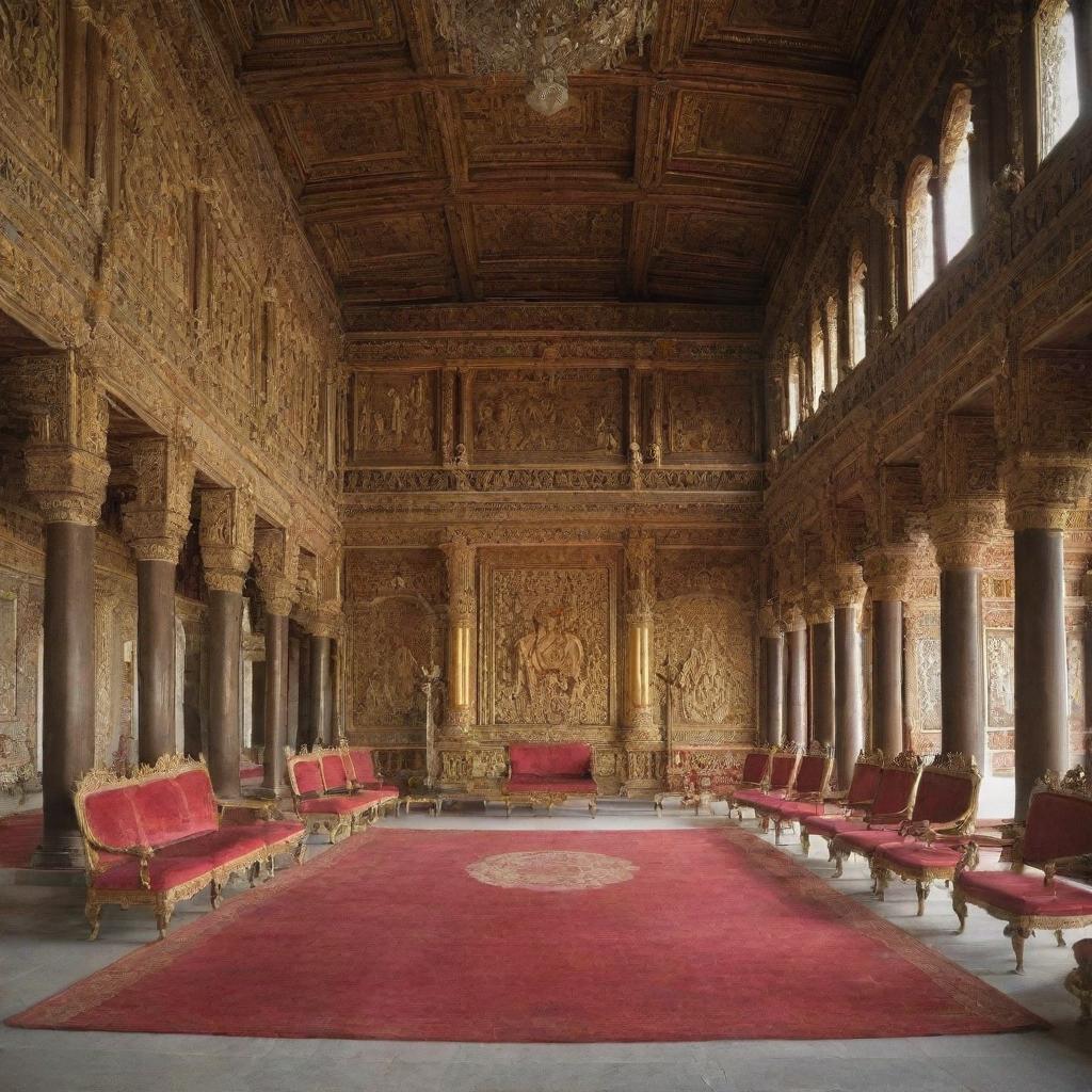 A grand court bustling with activity, with the king sitting majestically on his throne. The richly decorated room reflects the opulence and authority of his reign.