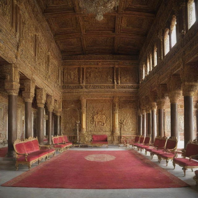 A grand court bustling with activity, with the king sitting majestically on his throne. The richly decorated room reflects the opulence and authority of his reign.