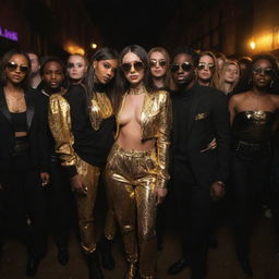 Cool people dressed in monochromatic street style outfits, engulfed in a vibrant rave party. The black and gold color palette dominates, coming to life under the golden party lights, creating an urban chic atmosphere.