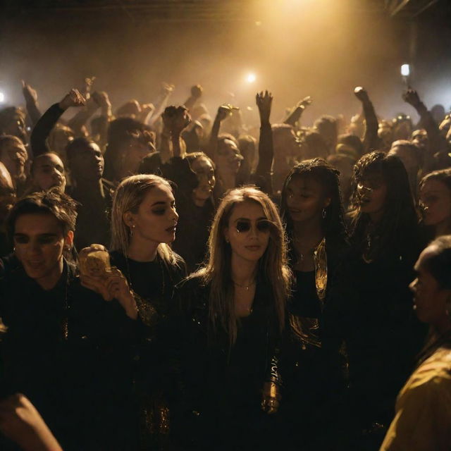 Cool and fashionable crowd dressed in black and gold street style attire at a rave party. The scene is dynamic and energetic, lit by pulsating golden lights that illuminate their urban outfits.