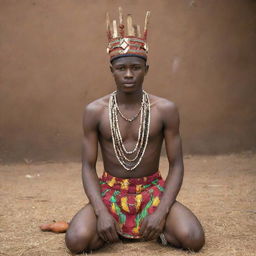 A youthful Nigerian during a traditional initiation into manhood ceremony, proudly showcasing cultural outfit, surrounded by vibrant African ceremonial items.