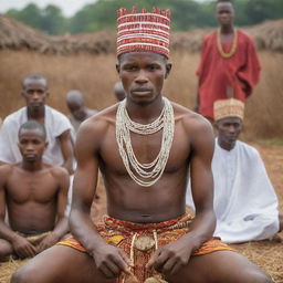 A youthful Nigerian during a traditional initiation into manhood ceremony, proudly showcasing cultural outfit, surrounded by vibrant African ceremonial items.