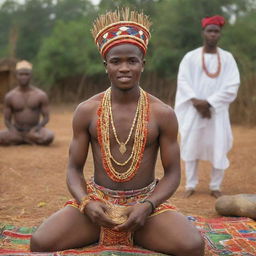 A youthful Nigerian during a traditional initiation into manhood ceremony, proudly showcasing cultural outfit, surrounded by vibrant African ceremonial items.